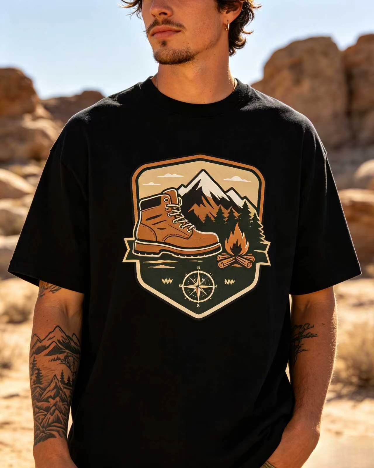 Outdoor Adventure Hiking - Kaos Unisex Motif Grafis Kompas Api